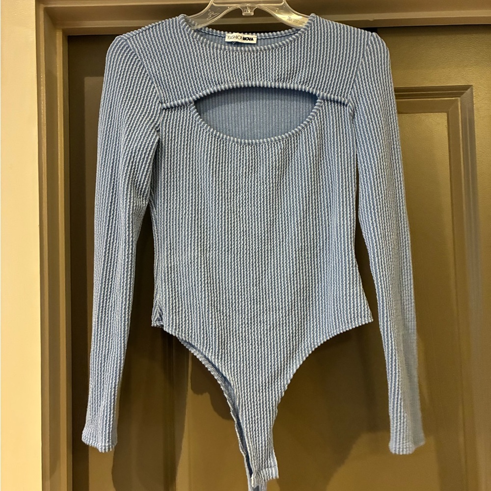 Fashion Nova Light Blue Ribbed Cutout Long Sleeve Bodysuit